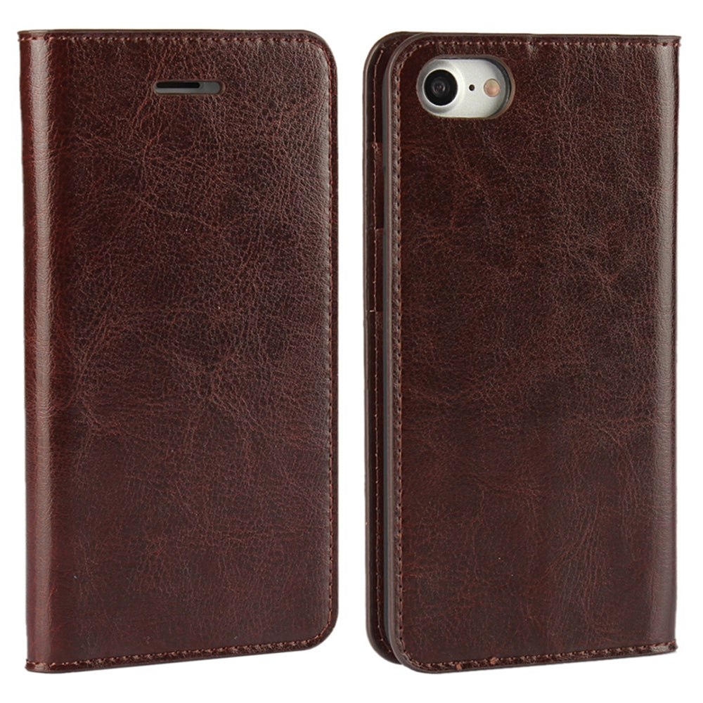 For iPhone SE (2020)/SE (2022)/8/7 4.7 inch Oiled-edgingCrazy Horse Genuine Leather Attached Hard PC Inner Case Wallet Stand Flip Phone Cover -Red