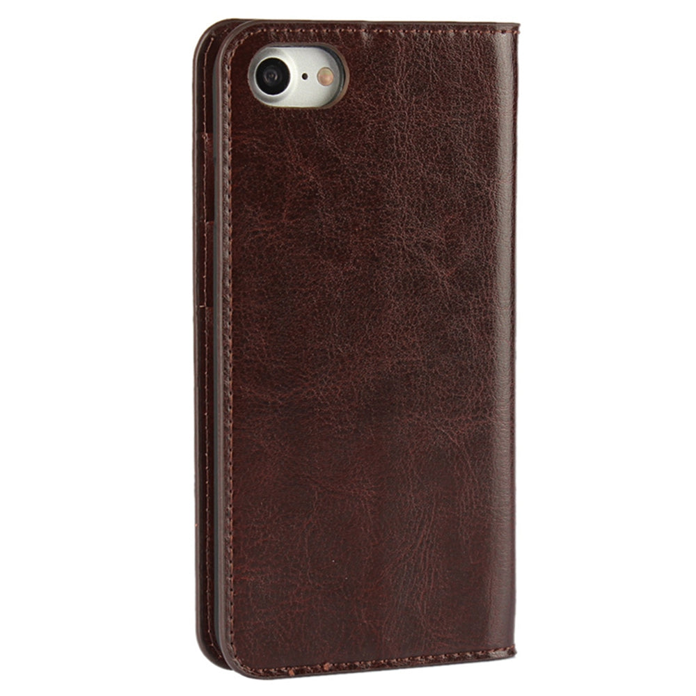 For iPhone SE (2020)/SE (2022)/8/7 4.7 inch Oiled-edgingCrazy Horse Genuine Leather Attached Hard PC Inner Case Wallet Stand Flip Phone Cover -Red