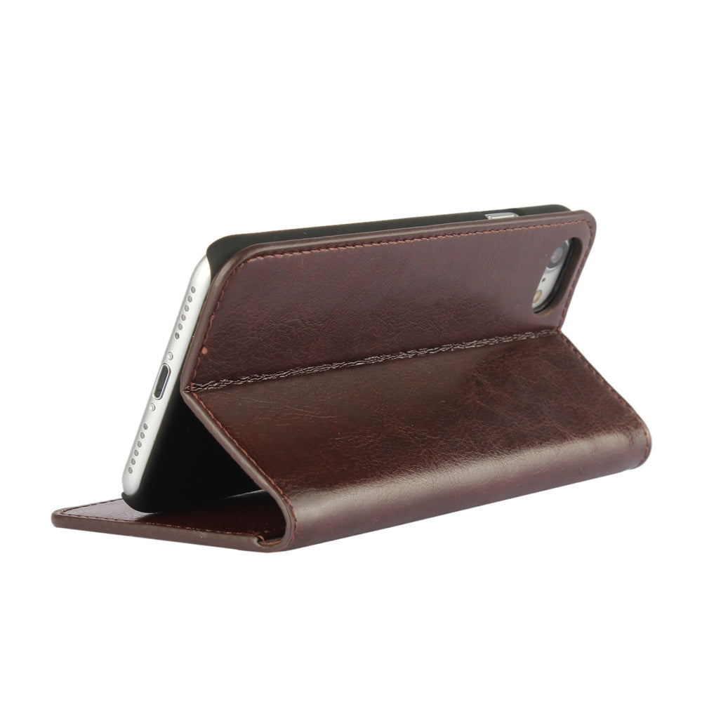 For iPhone SE (2020)/SE (2022)/8/7 4.7 inch Oiled-edgingCrazy Horse Genuine Leather Attached Hard PC Inner Case Wallet Stand Flip Phone Cover -Red