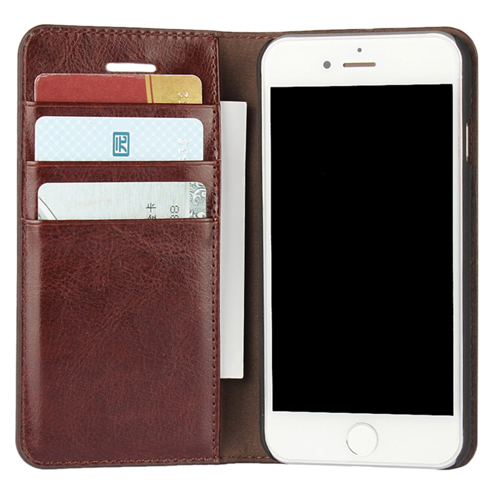 For iPhone SE (2020)/SE (2022)/8/7 4.7 inch Oiled-edgingCrazy Horse Genuine Leather Attached Hard PC Inner Case Wallet Stand Flip Phone Cover -Red