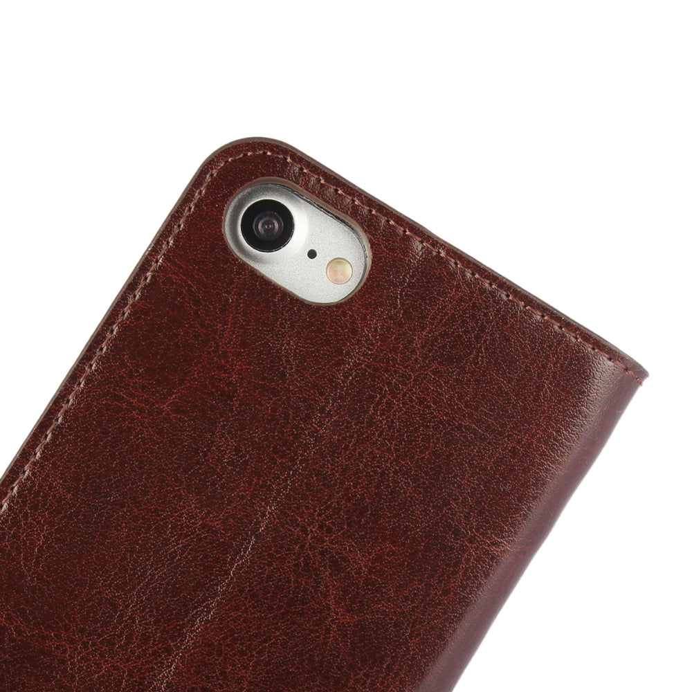 For iPhone SE (2020)/SE (2022)/8/7 4.7 inch Oiled-edgingCrazy Horse Genuine Leather Attached Hard PC Inner Case Wallet Stand Flip Phone Cover -Red
