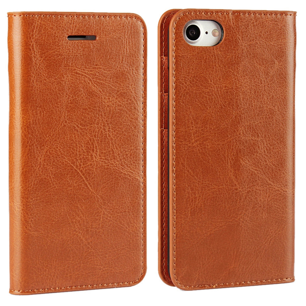 For iPhone SE (2020)/SE (2022)/8/7 4.7 inch Oiled-edgingCrazy Horse Genuine Leather Attached Hard PC Inner Case Wallet Stand Flip Phone Cover -Red