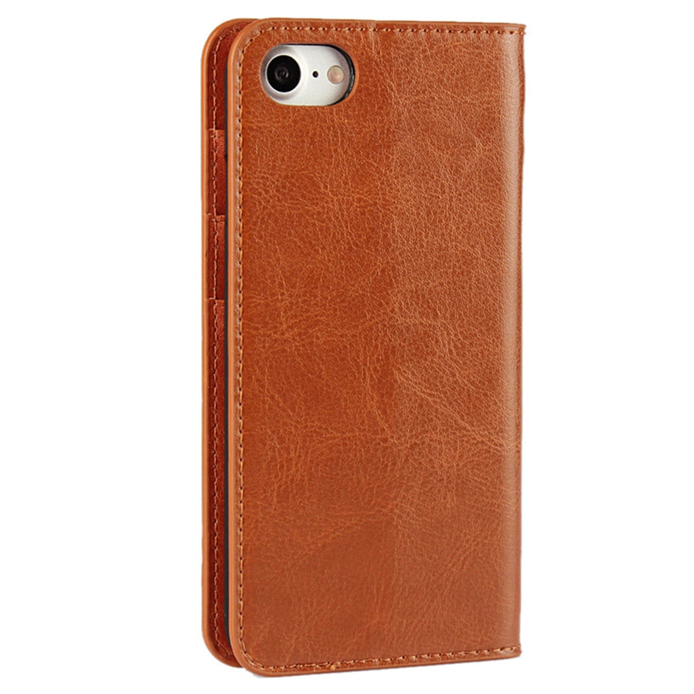 For iPhone SE (2020)/SE (2022)/8/7 4.7 inch Oiled-edgingCrazy Horse Genuine Leather Attached Hard PC Inner Case Wallet Stand Flip Phone Cover -Red