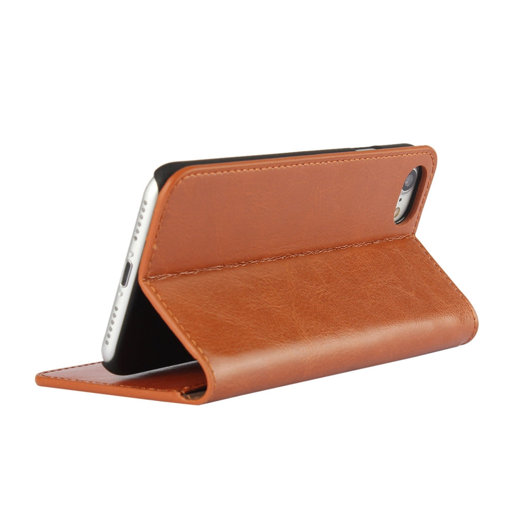 For iPhone SE (2020)/SE (2022)/8/7 4.7 inch Oiled-edgingCrazy Horse Genuine Leather Attached Hard PC Inner Case Wallet Stand Flip Phone Cover -Red