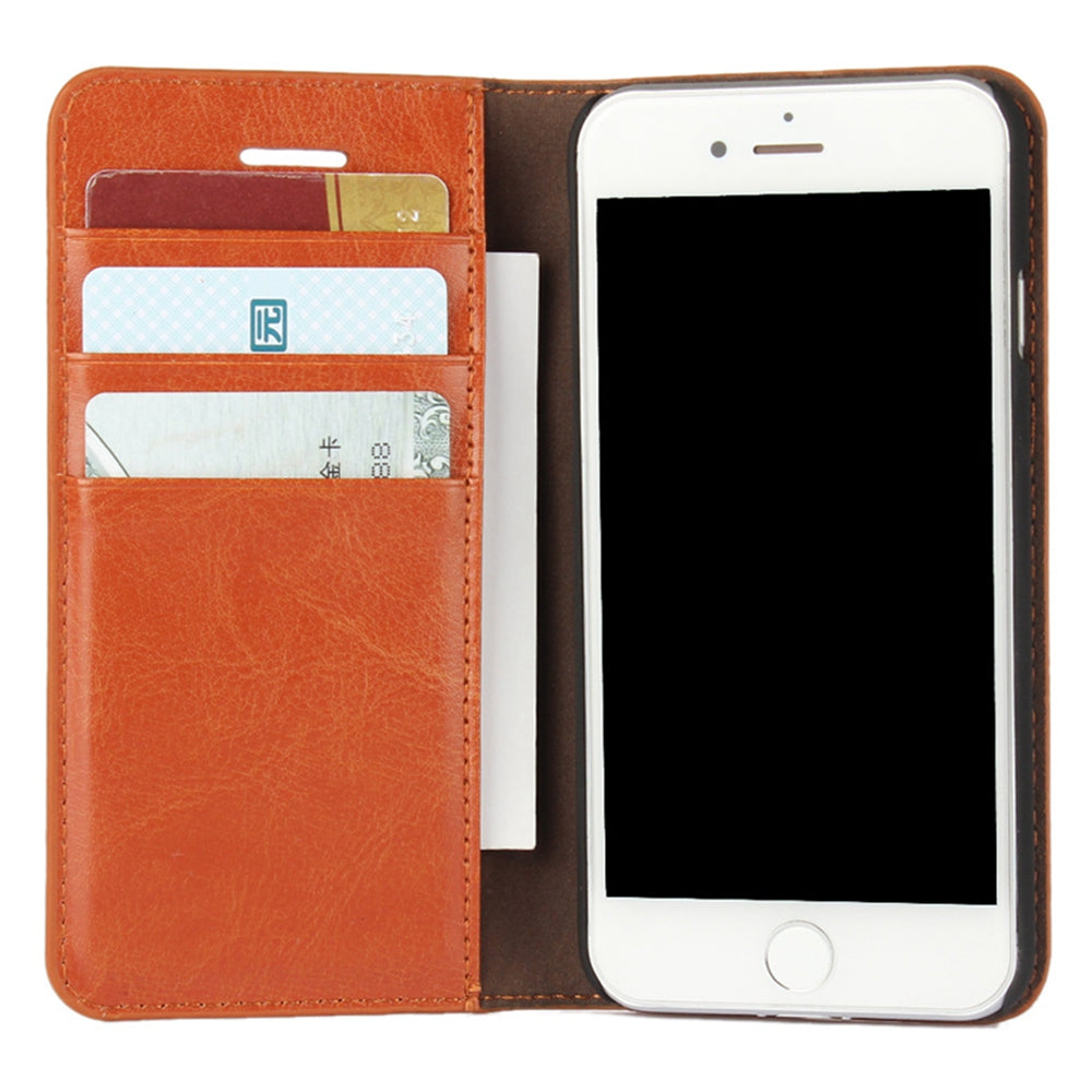 For iPhone SE (2020)/SE (2022)/8/7 4.7 inch Oiled-edgingCrazy Horse Genuine Leather Attached Hard PC Inner Case Wallet Stand Flip Phone Cover -Red