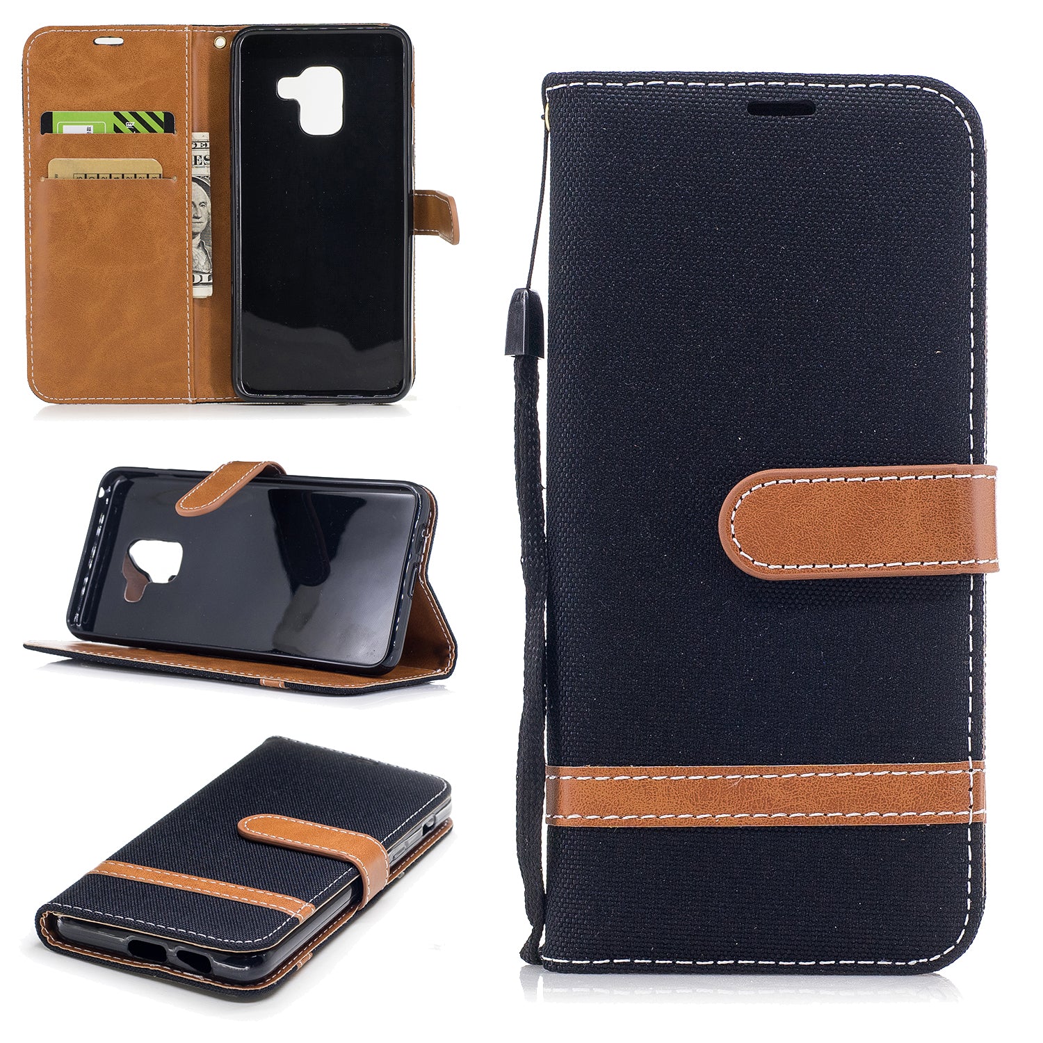 For Samsung Galaxy A8 (2018) Two-tone Jean Cloth Folio Flip Leather Stand Phone Case