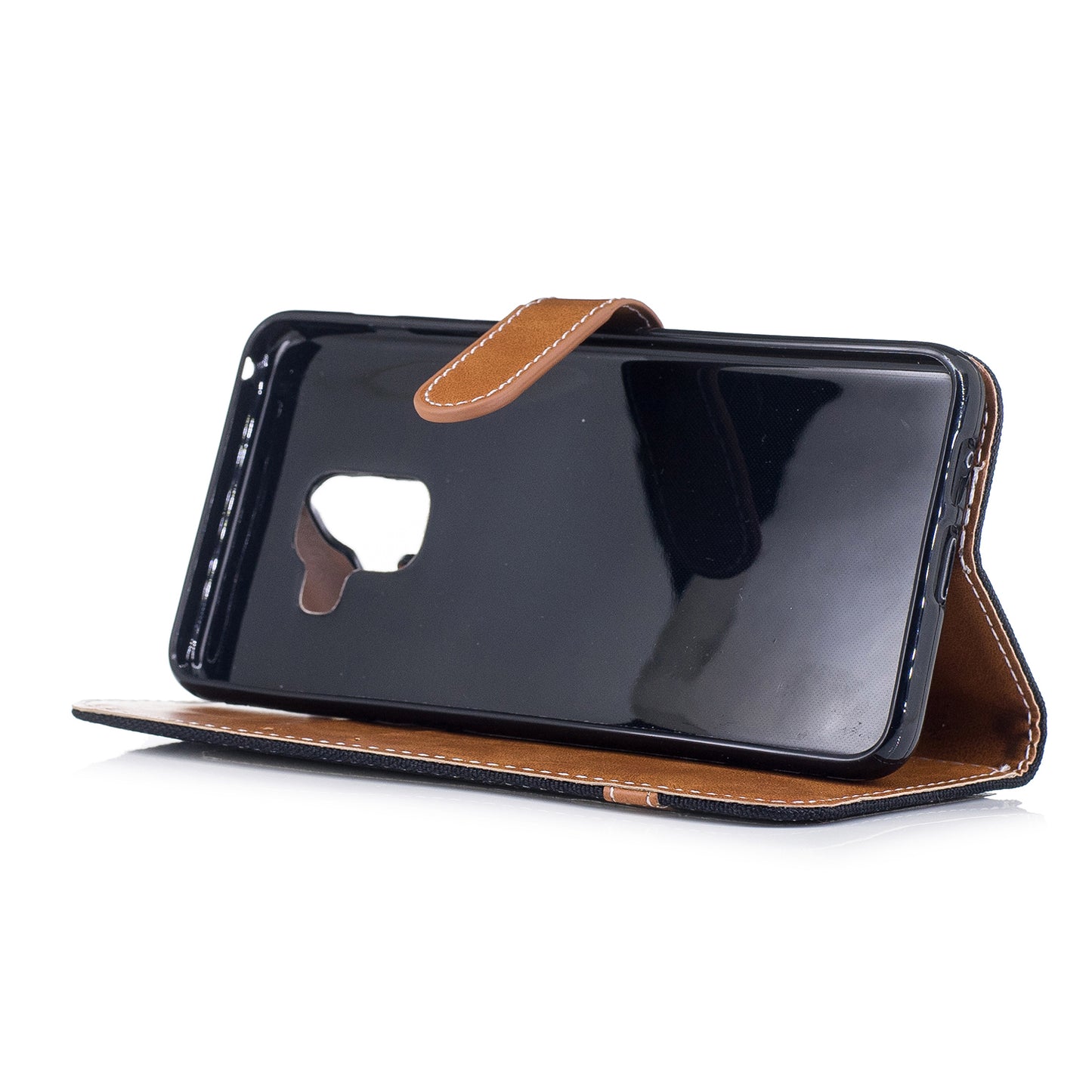 For Samsung Galaxy A8 (2018) Two-tone Jean Cloth Folio Flip Leather Stand Phone Case