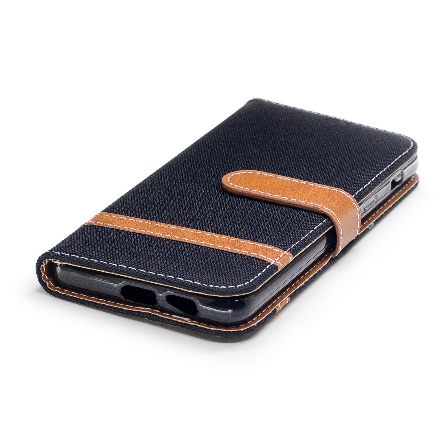 For Samsung Galaxy A8 (2018) Two-tone Jean Cloth Folio Flip Leather Stand Phone Case