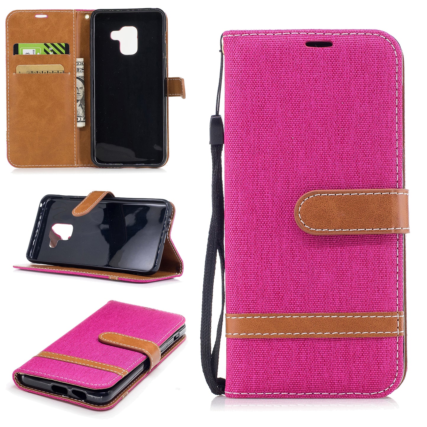For Samsung Galaxy A8 (2018) Two-tone Jean Cloth Folio Flip Leather Stand Phone Case