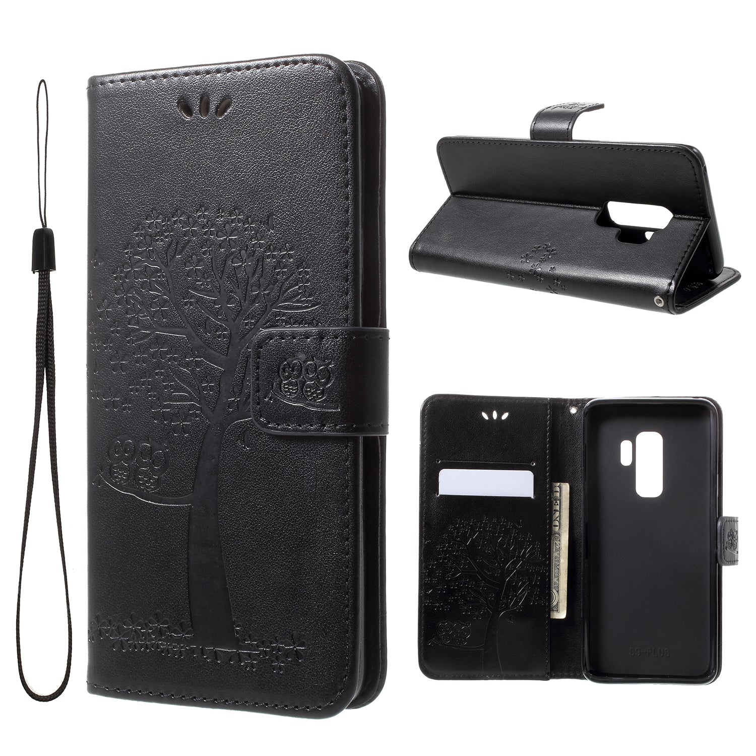 Imprint Tree Owl PU Leather Wallet Case with Strap for Samsung Galaxy S9+ G965