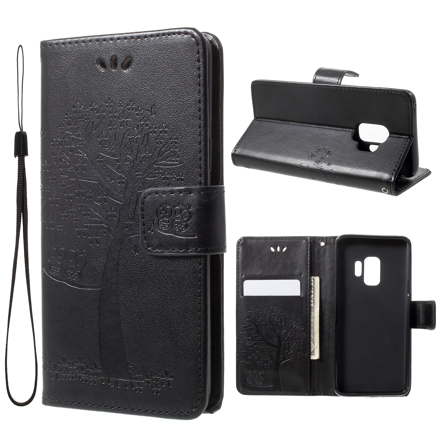 For Samsung Galaxy S9 G960 Imprint Tree Owl Wallet PU Leather Mobile Case with Lanyard