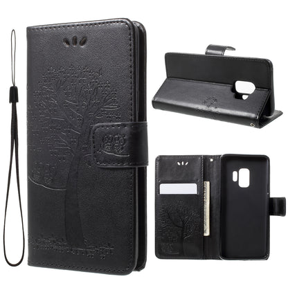 For Samsung Galaxy S9 G960 Imprint Tree Owl Wallet PU Leather Mobile Case with Lanyard