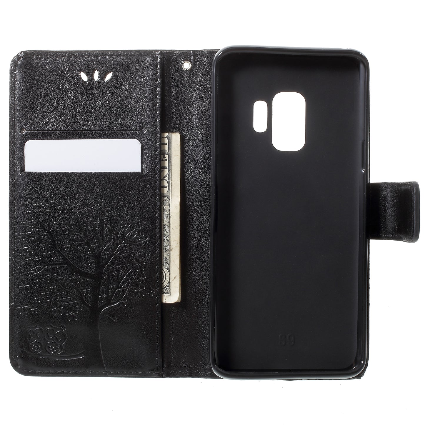 For Samsung Galaxy S9 G960 Imprint Tree Owl Wallet PU Leather Mobile Case with Lanyard
