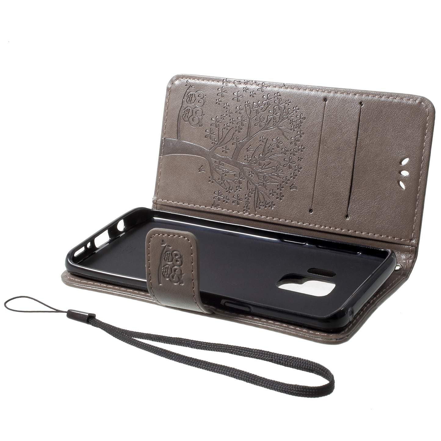 For Samsung Galaxy S9 G960 Imprint Tree Owl Wallet PU Leather Mobile Case with Lanyard