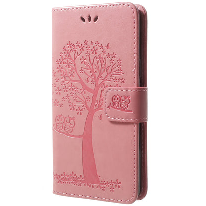For Samsung Galaxy S9 G960 Imprint Tree Owl Wallet PU Leather Mobile Case with Lanyard
