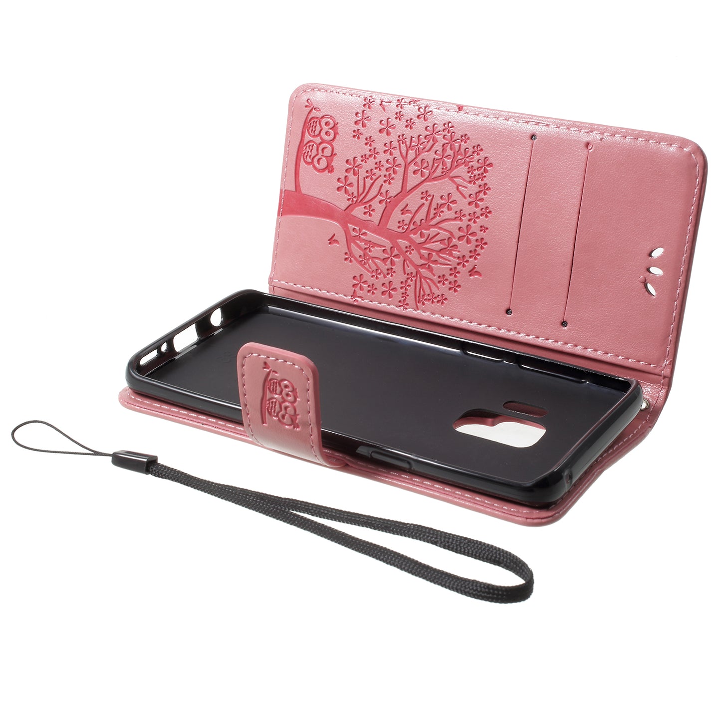 For Samsung Galaxy S9 G960 Imprint Tree Owl Wallet PU Leather Mobile Case with Lanyard