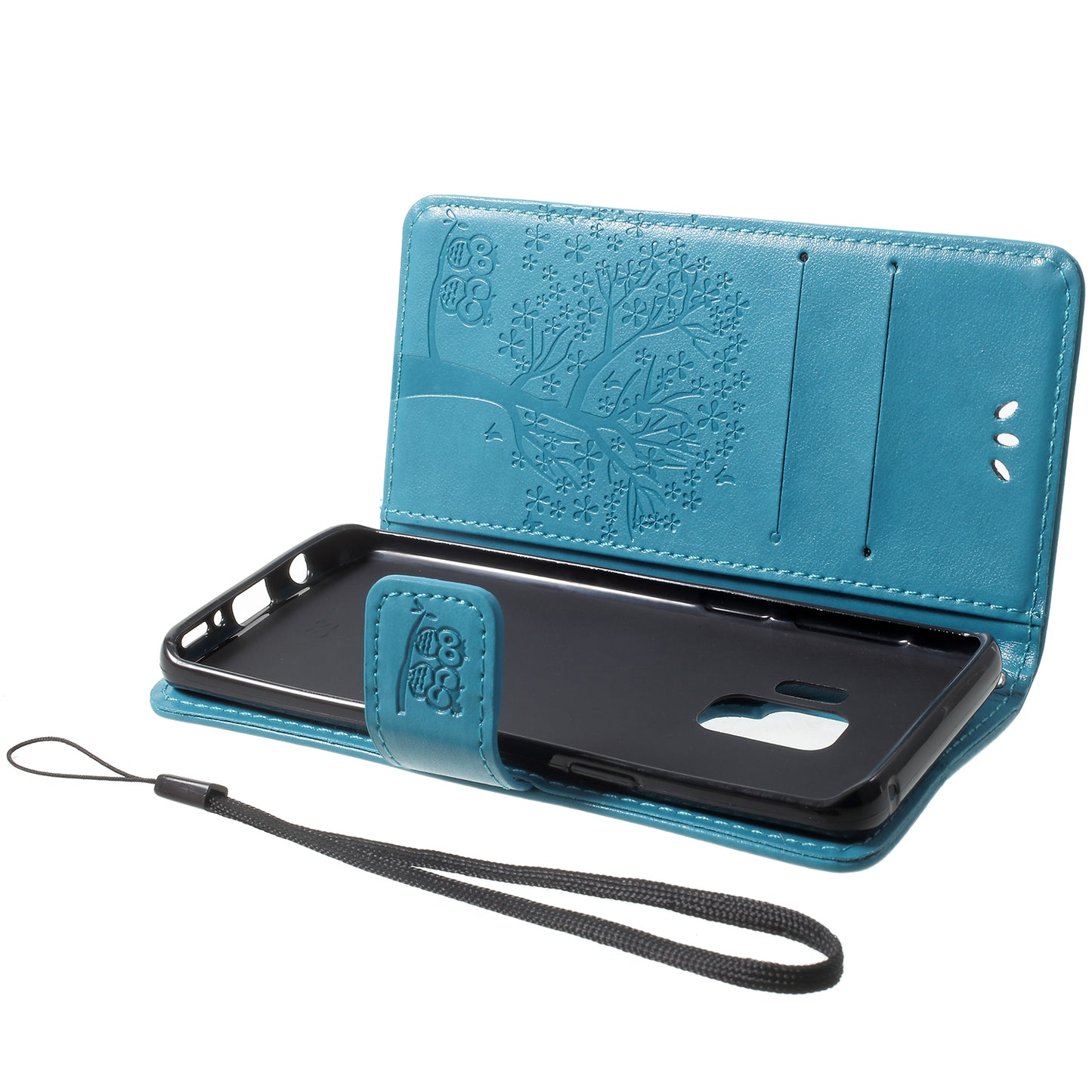 For Samsung Galaxy S9 G960 Imprint Tree Owl Wallet PU Leather Mobile Case with Lanyard