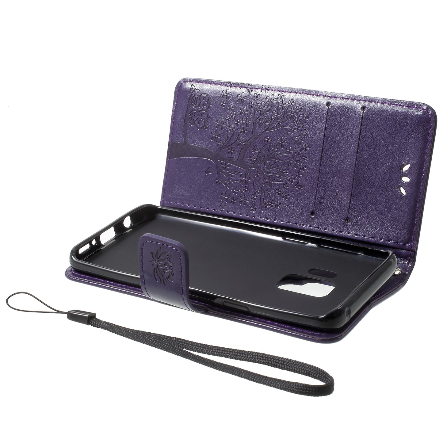 For Samsung Galaxy S9 G960 Imprint Tree Owl Wallet PU Leather Mobile Case with Lanyard