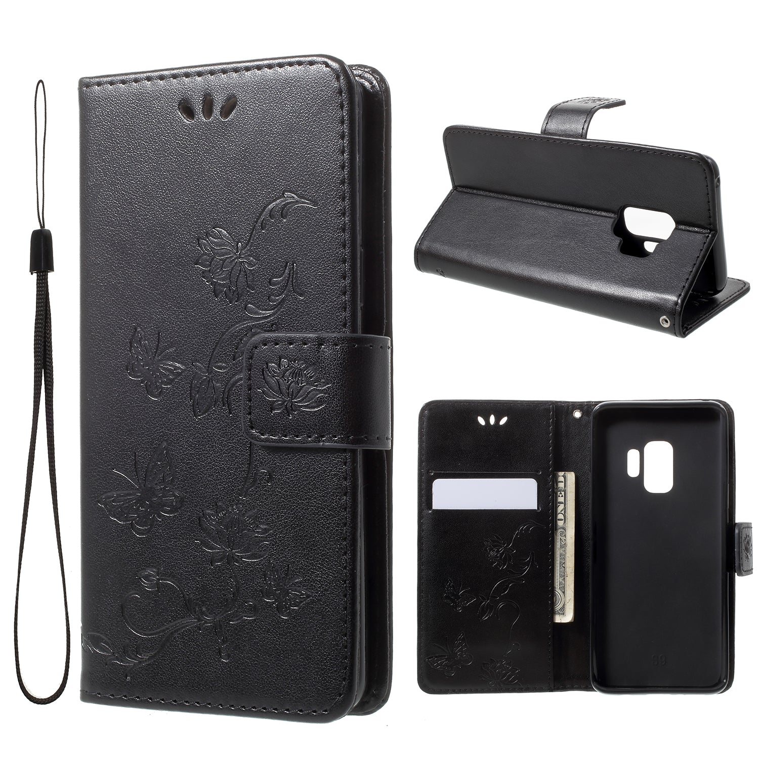 Imprint Butterfly Flowers Magnetic Wallet Leather Stand Cover for Samsung Galaxy S9 G960