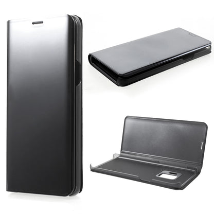 For Samsung Galaxy S9 G960 Plated Mirror Surface Information Viewing Stand Leather Smart Shell