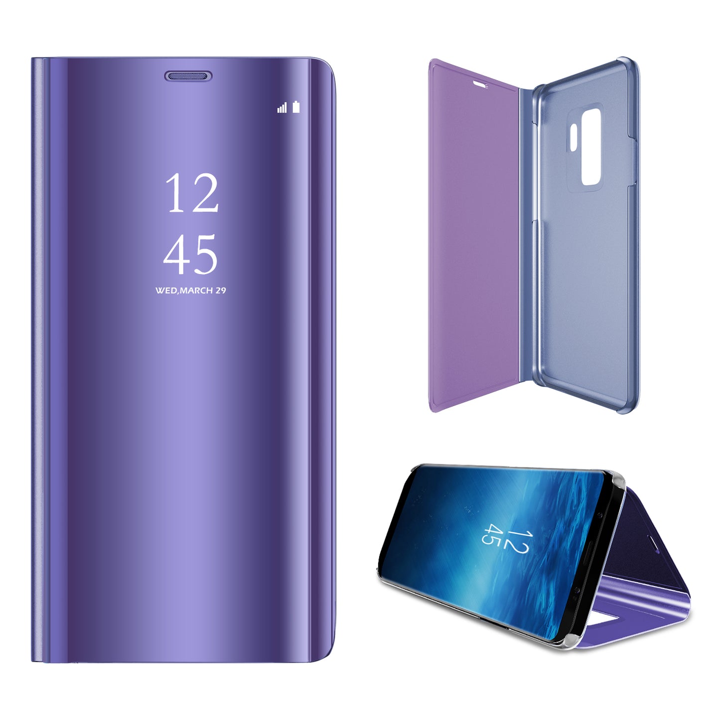 For Samsung Galaxy S9 G960 Plated Mirror Surface Information Viewing Stand Leather Smart Shell