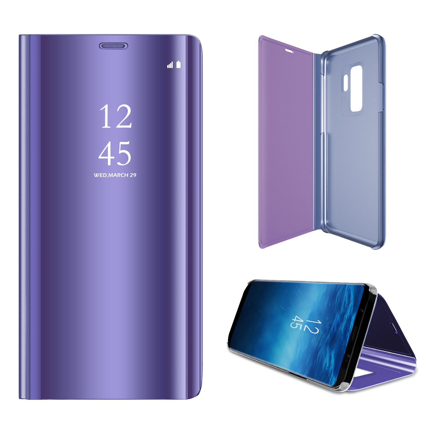 For Samsung Galaxy S9 G960 Plated Mirror Surface Information Viewing Stand Leather Smart Shell