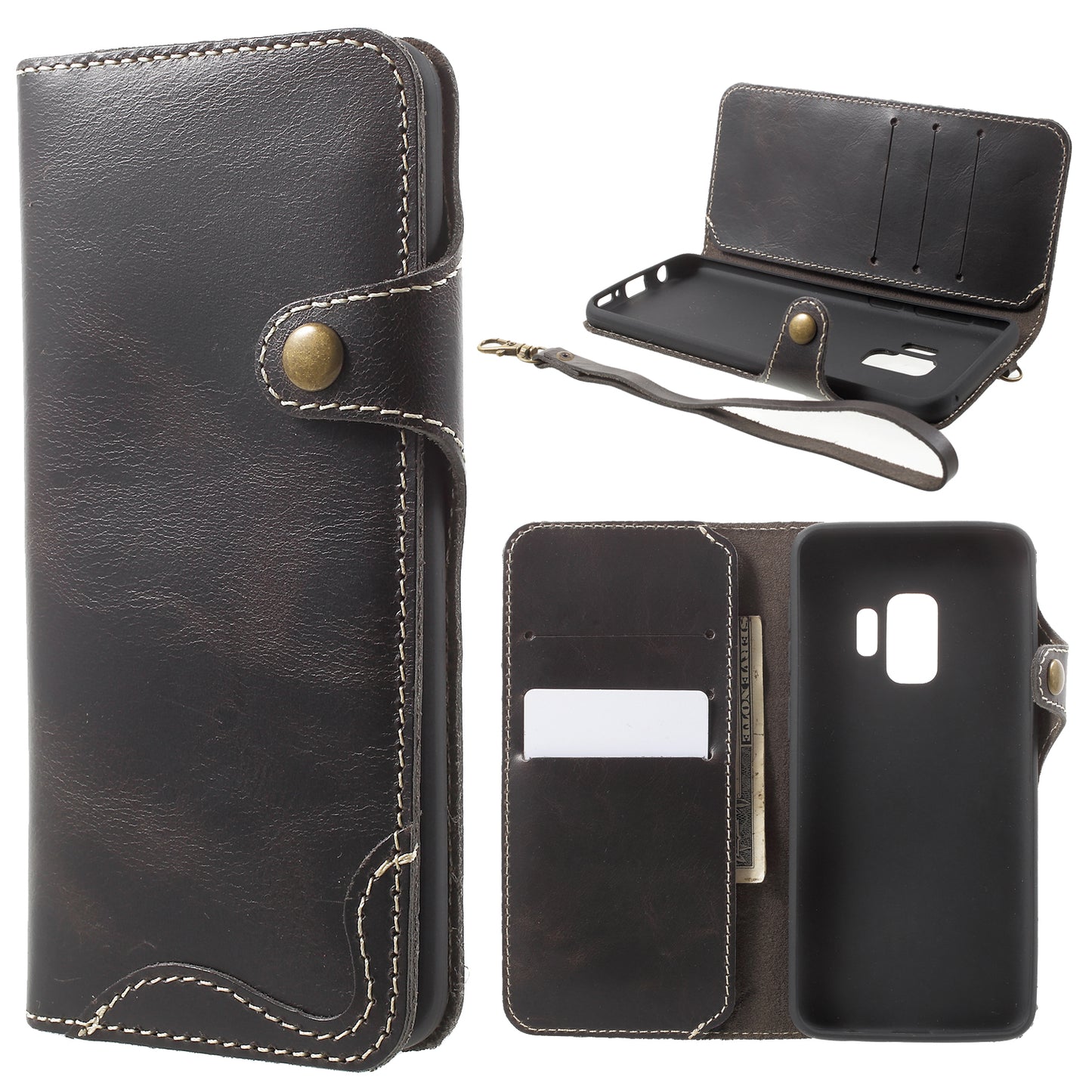 Retro Style Oil Wax Genuine Leather Cover for Samsung Galaxy S9 G960 with Folio Wallet Design