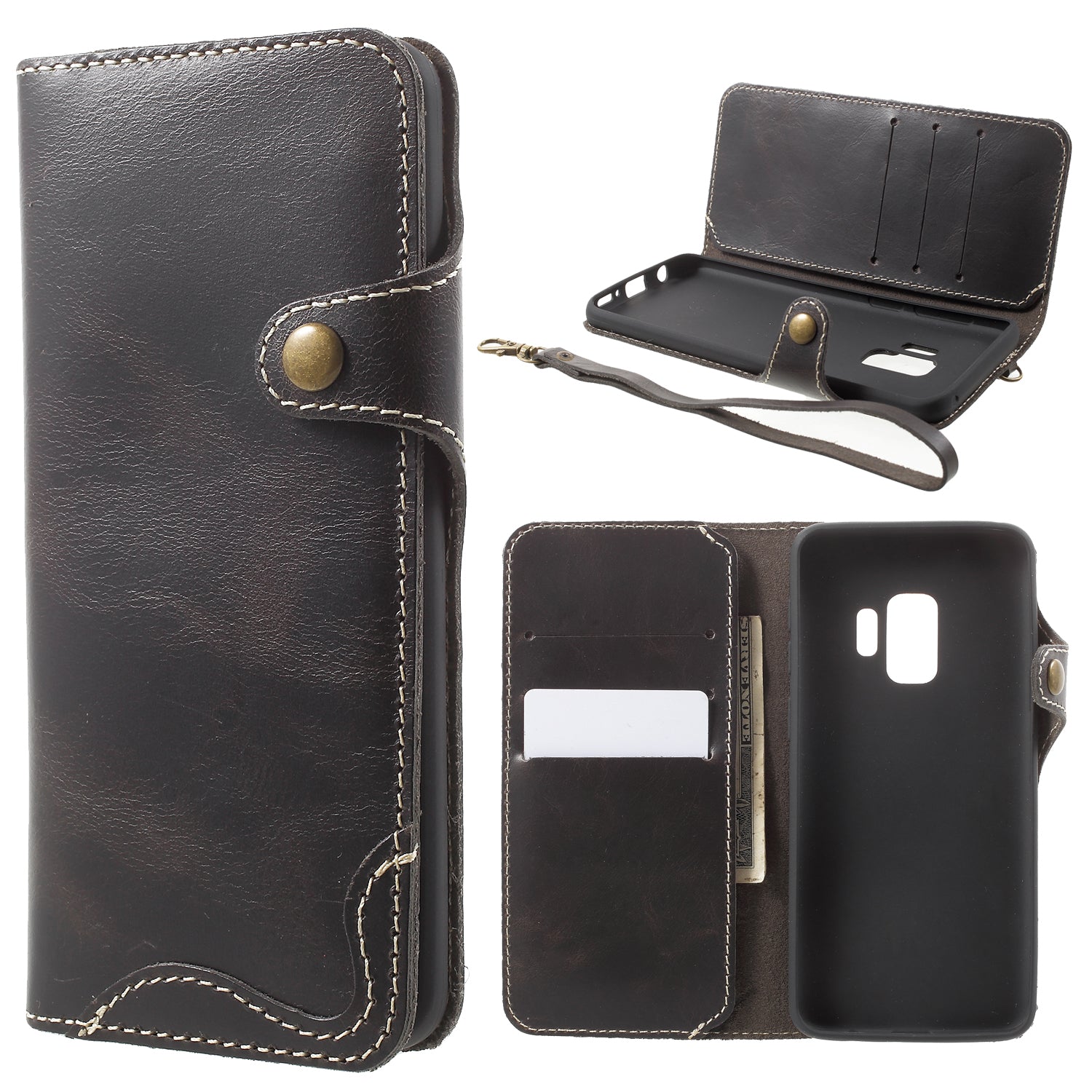 Retro Style Oil Wax Genuine Leather Cover for Samsung Galaxy S9 G960 with Folio Wallet Design