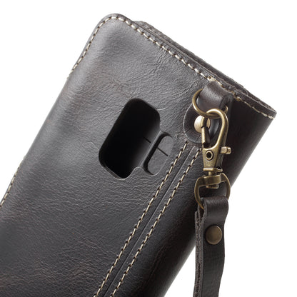 Retro Style Oil Wax Genuine Leather Cover for Samsung Galaxy S9 G960 with Folio Wallet Design