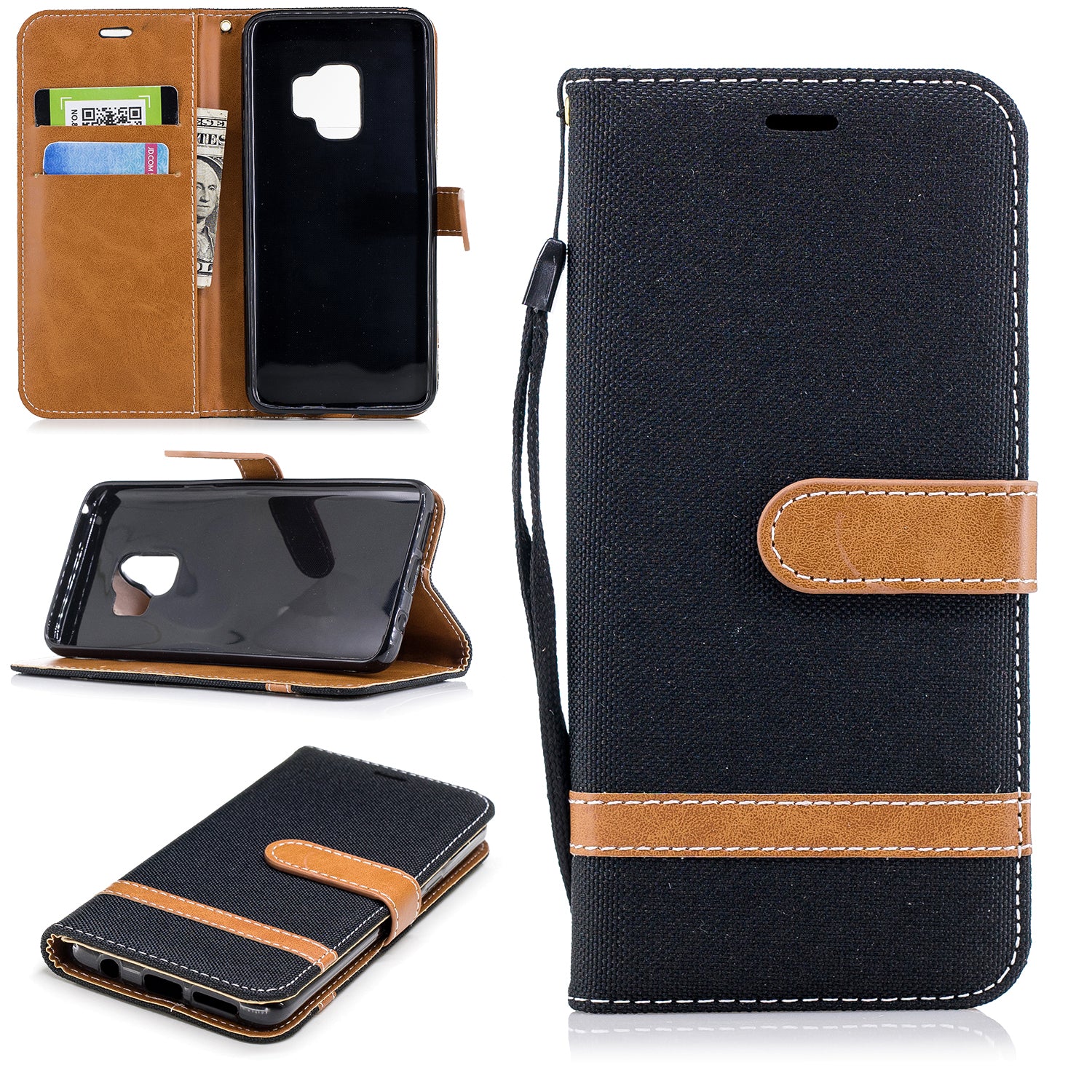Jeans Cloth Texture Leather Wallet Stand Case with Hand Strap for Samsung Galaxy S9 G960