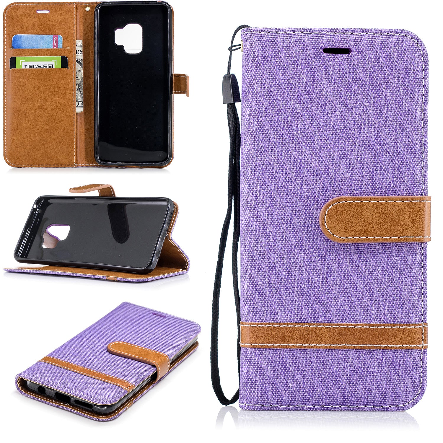 Jeans Cloth Texture Leather Wallet Stand Case with Hand Strap for Samsung Galaxy S9 G960