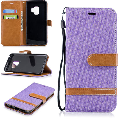 Jeans Cloth Texture Leather Wallet Stand Case with Hand Strap for Samsung Galaxy S9 G960
