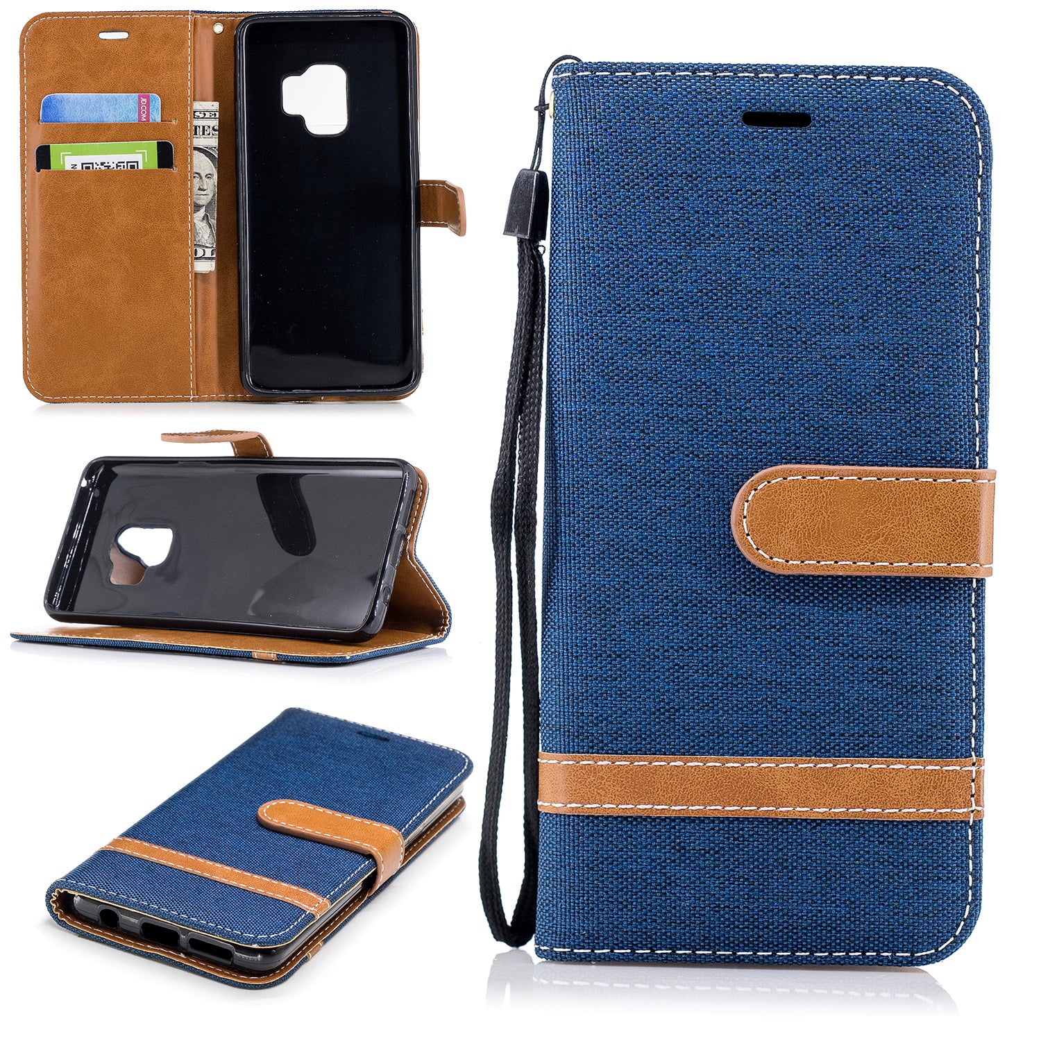 Jeans Cloth Texture Leather Wallet Stand Case with Hand Strap for Samsung Galaxy S9 G960