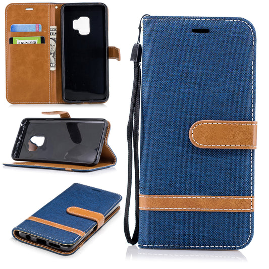 Jeans Cloth Texture Leather Wallet Stand Case with Hand Strap for Samsung Galaxy S9 G960