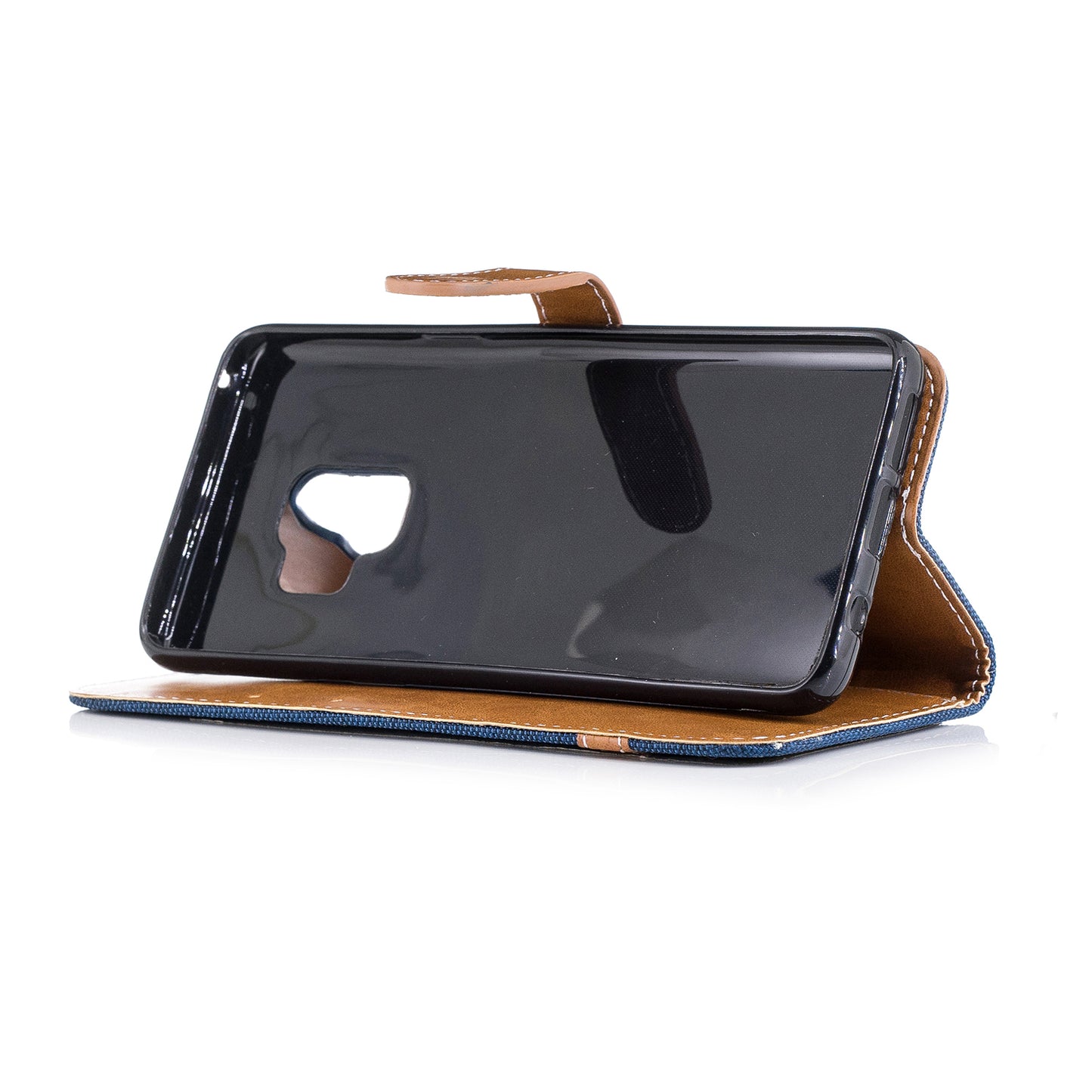 Jeans Cloth Texture Leather Wallet Stand Case with Hand Strap for Samsung Galaxy S9 G960