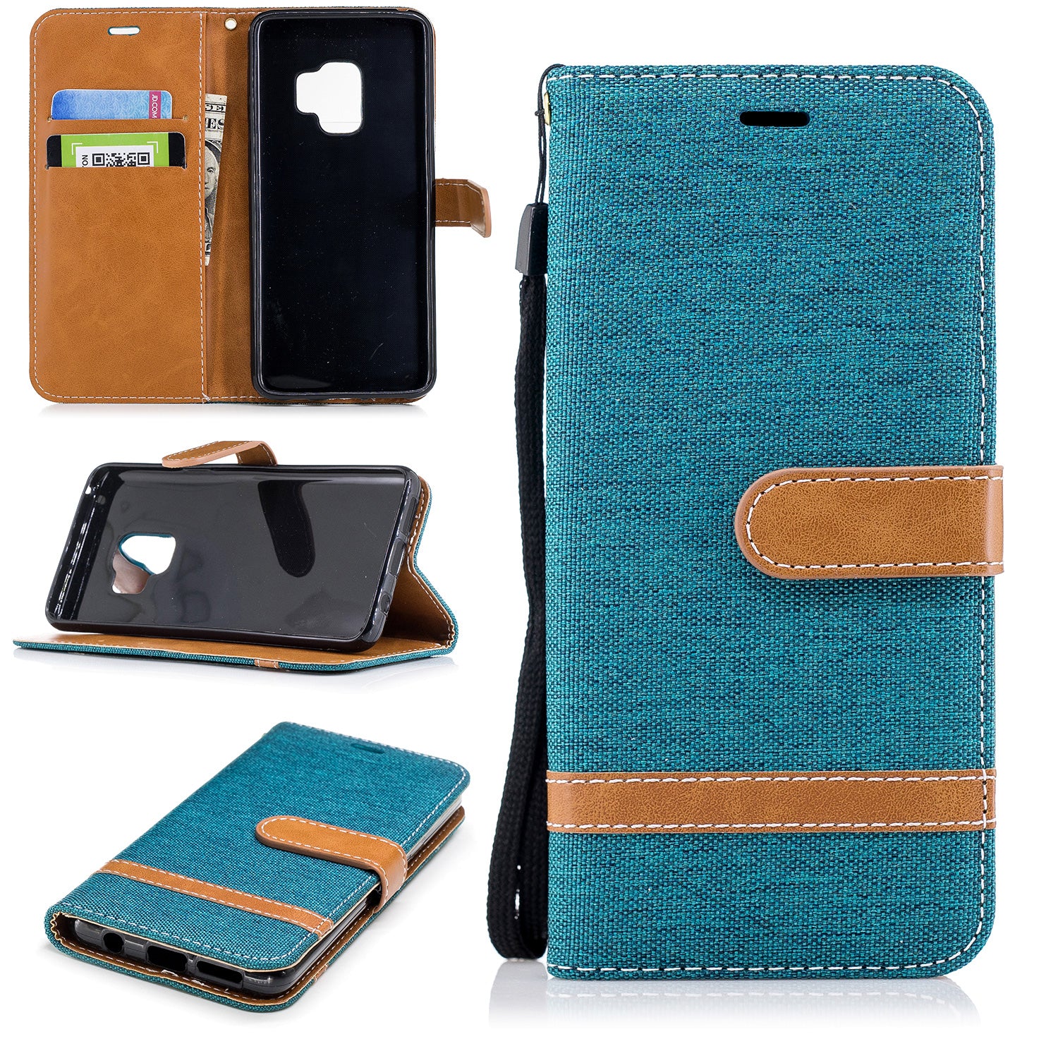 Jeans Cloth Texture Leather Wallet Stand Case with Hand Strap for Samsung Galaxy S9 G960
