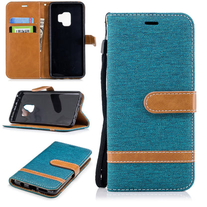 Jeans Cloth Texture Leather Wallet Stand Case with Hand Strap for Samsung Galaxy S9 G960