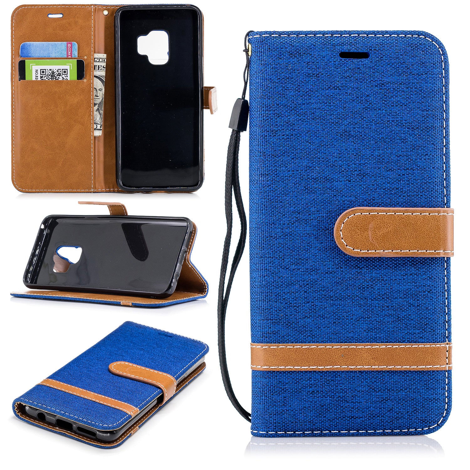 Jeans Cloth Texture Leather Wallet Stand Case with Hand Strap for Samsung Galaxy S9 G960
