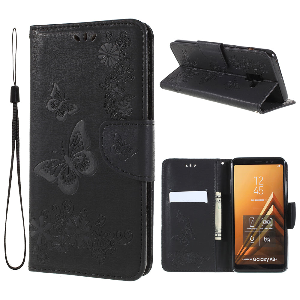 Imprinted Butterfly Flowers Wallet Stand Leather Case for Samsung Galaxy A8 (2018)