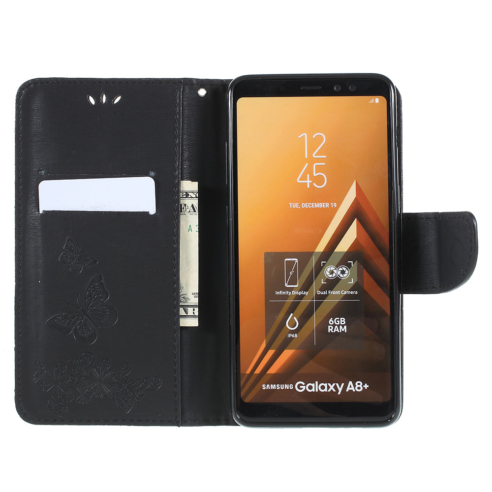 Imprinted Butterfly Flowers Wallet Stand Leather Case for Samsung Galaxy A8 (2018)