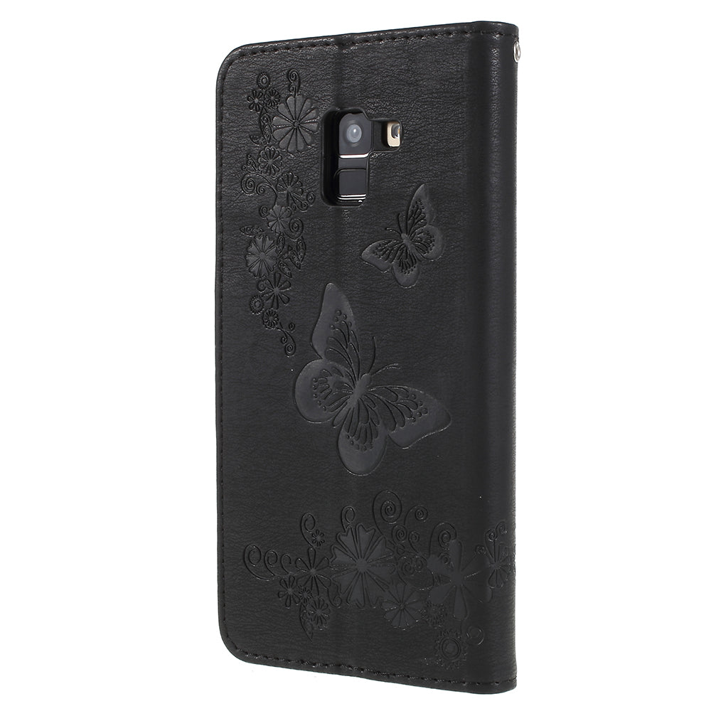 Imprinted Butterfly Flowers Wallet Stand Leather Case for Samsung Galaxy A8 (2018)