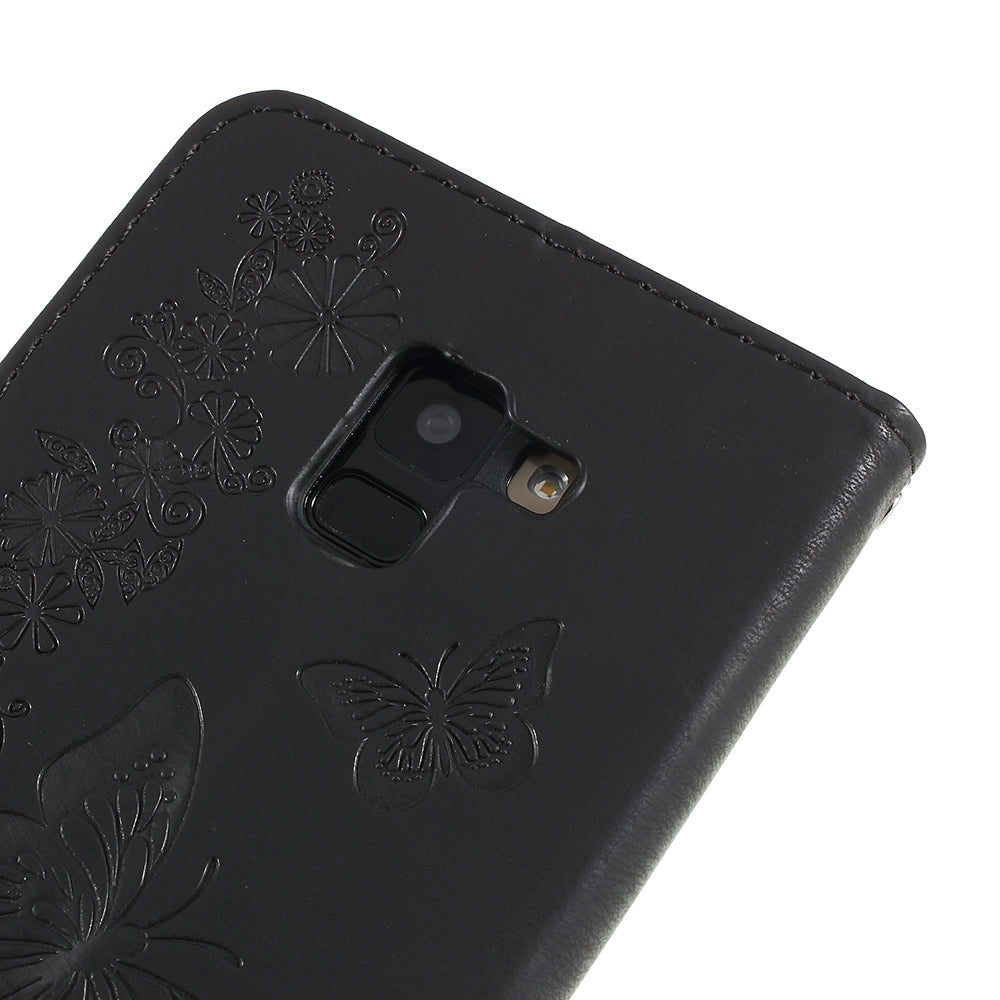Imprinted Butterfly Flowers Wallet Stand Leather Case for Samsung Galaxy A8 (2018)