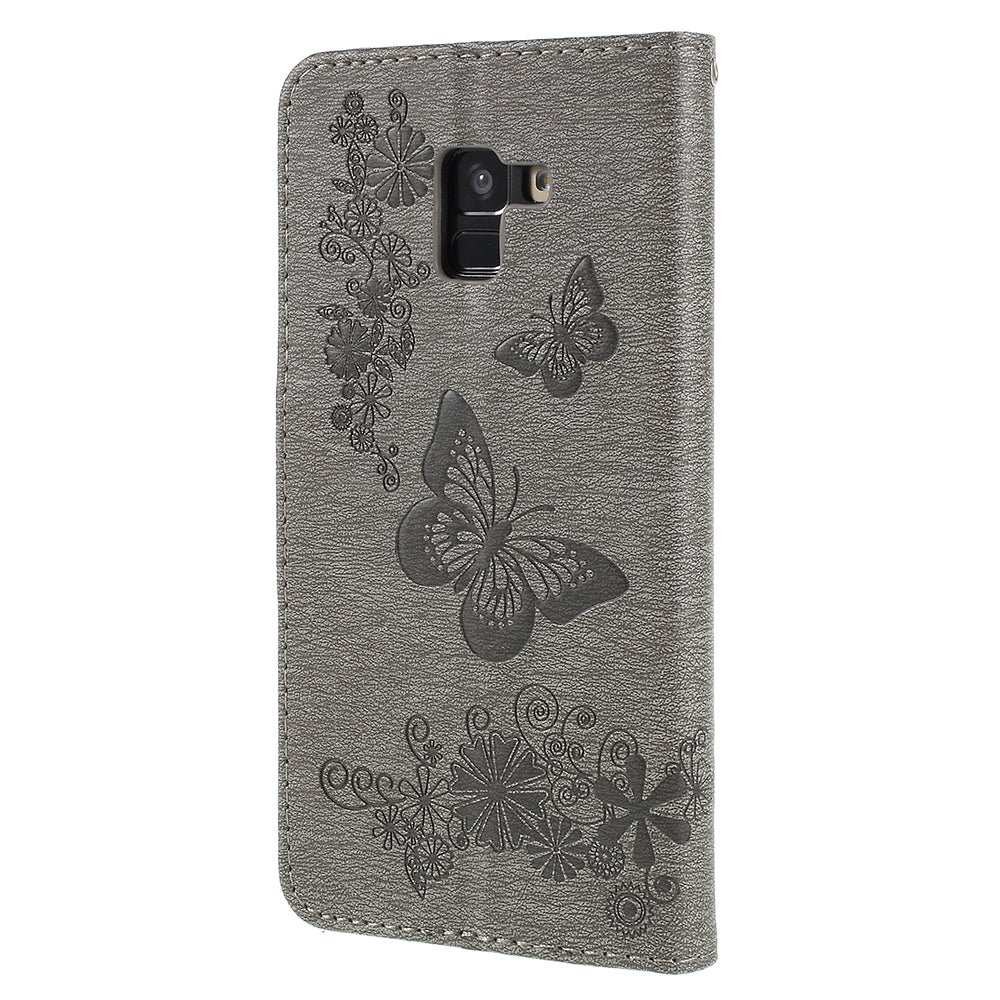 Imprinted Butterfly Flowers Wallet Stand Leather Case for Samsung Galaxy A8 (2018)