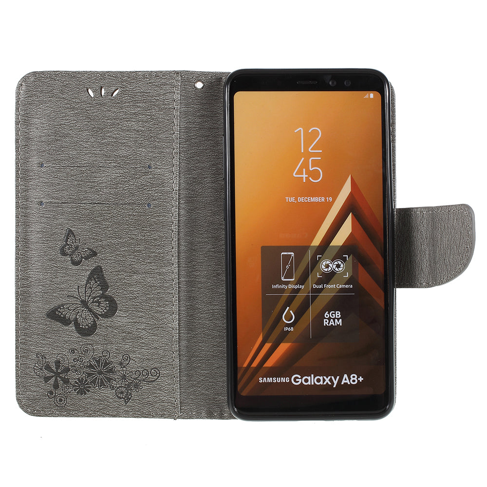 Imprinted Butterfly Flowers Wallet Stand Leather Case for Samsung Galaxy A8 (2018)