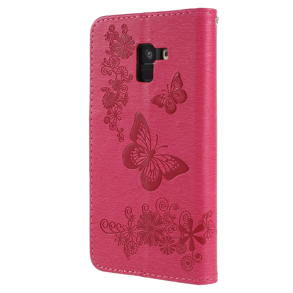 Imprinted Butterfly Flowers Wallet Stand Leather Case for Samsung Galaxy A8 (2018)