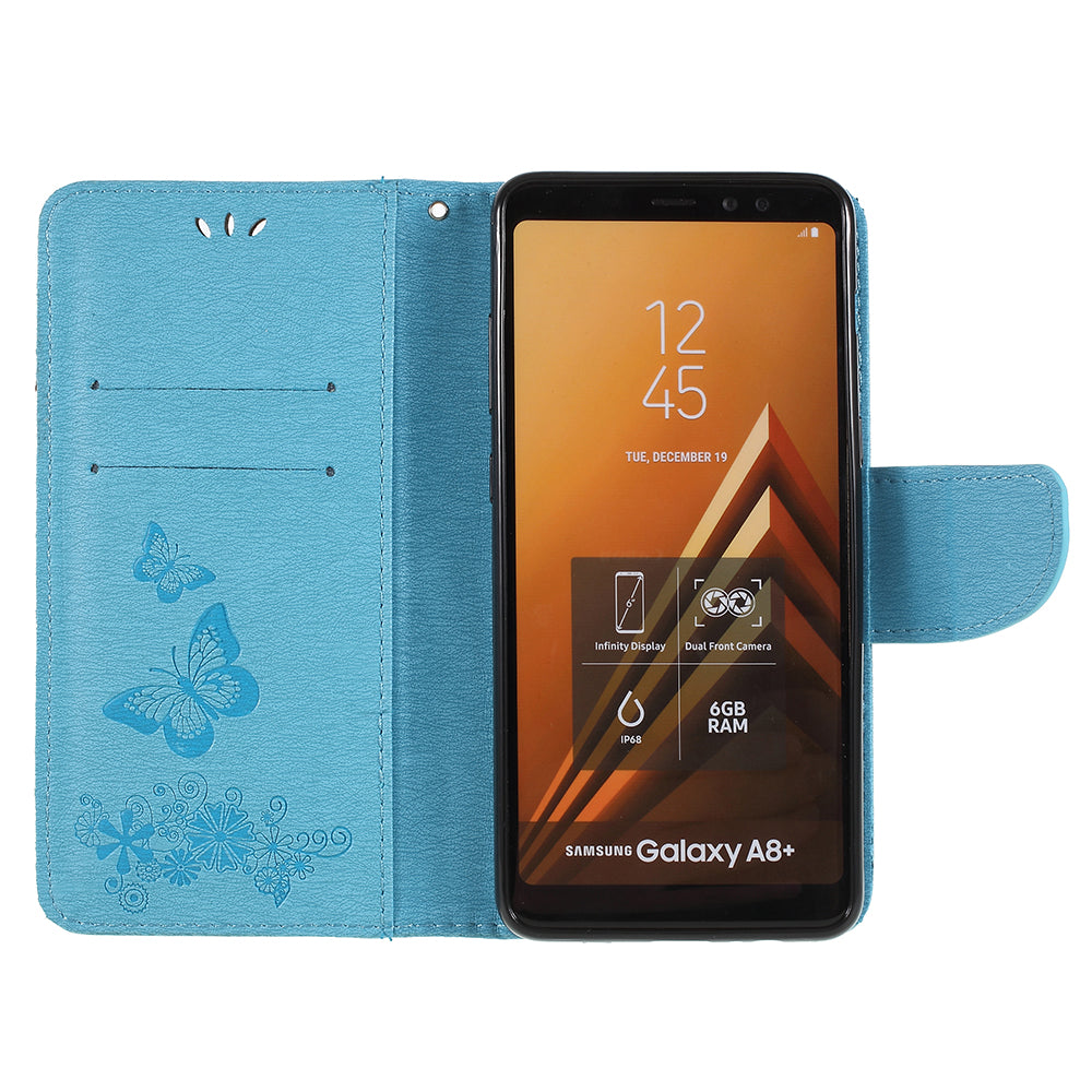 Imprinted Butterfly Flowers Wallet Stand Leather Case for Samsung Galaxy A8 (2018)