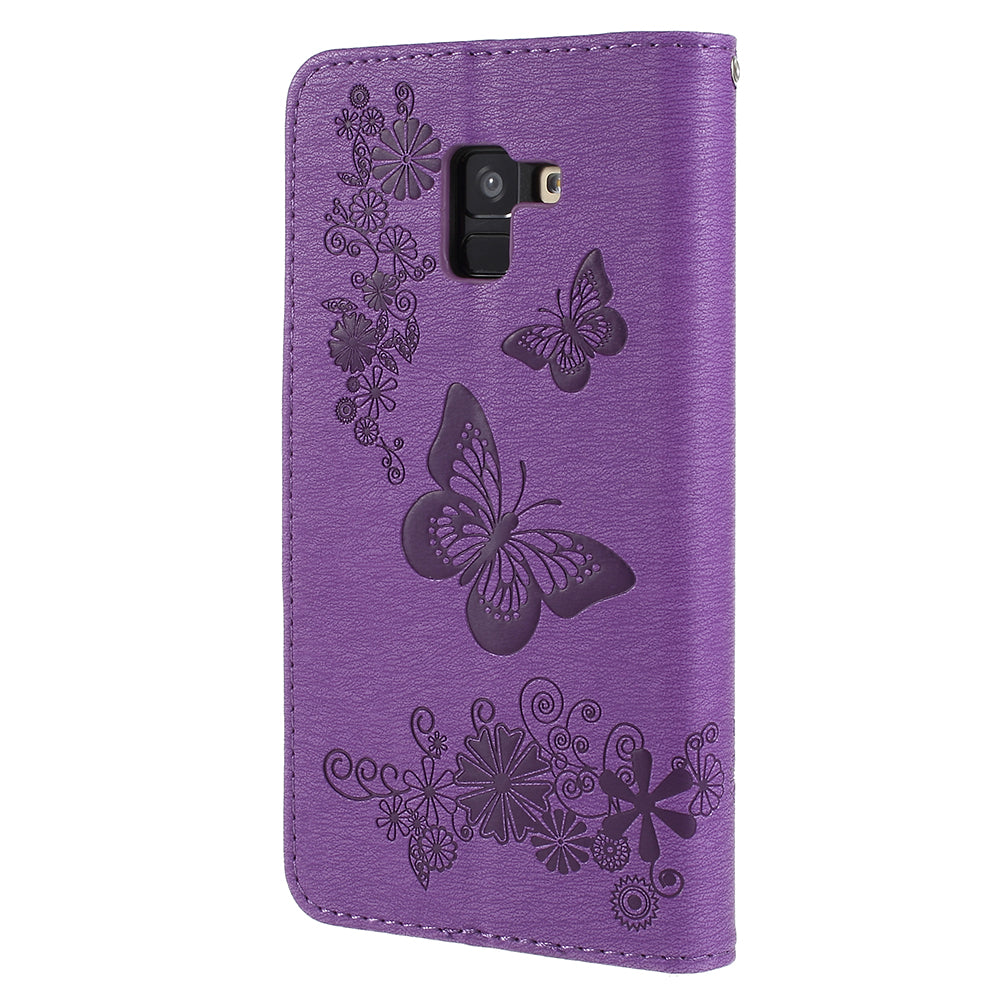 Imprinted Butterfly Flowers Wallet Stand Leather Case for Samsung Galaxy A8 (2018)