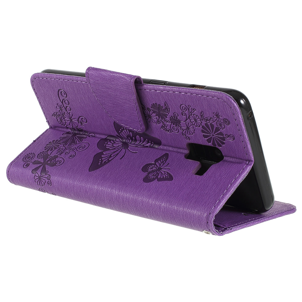 Imprinted Butterfly Flowers Wallet Stand Leather Case for Samsung Galaxy A8 (2018)