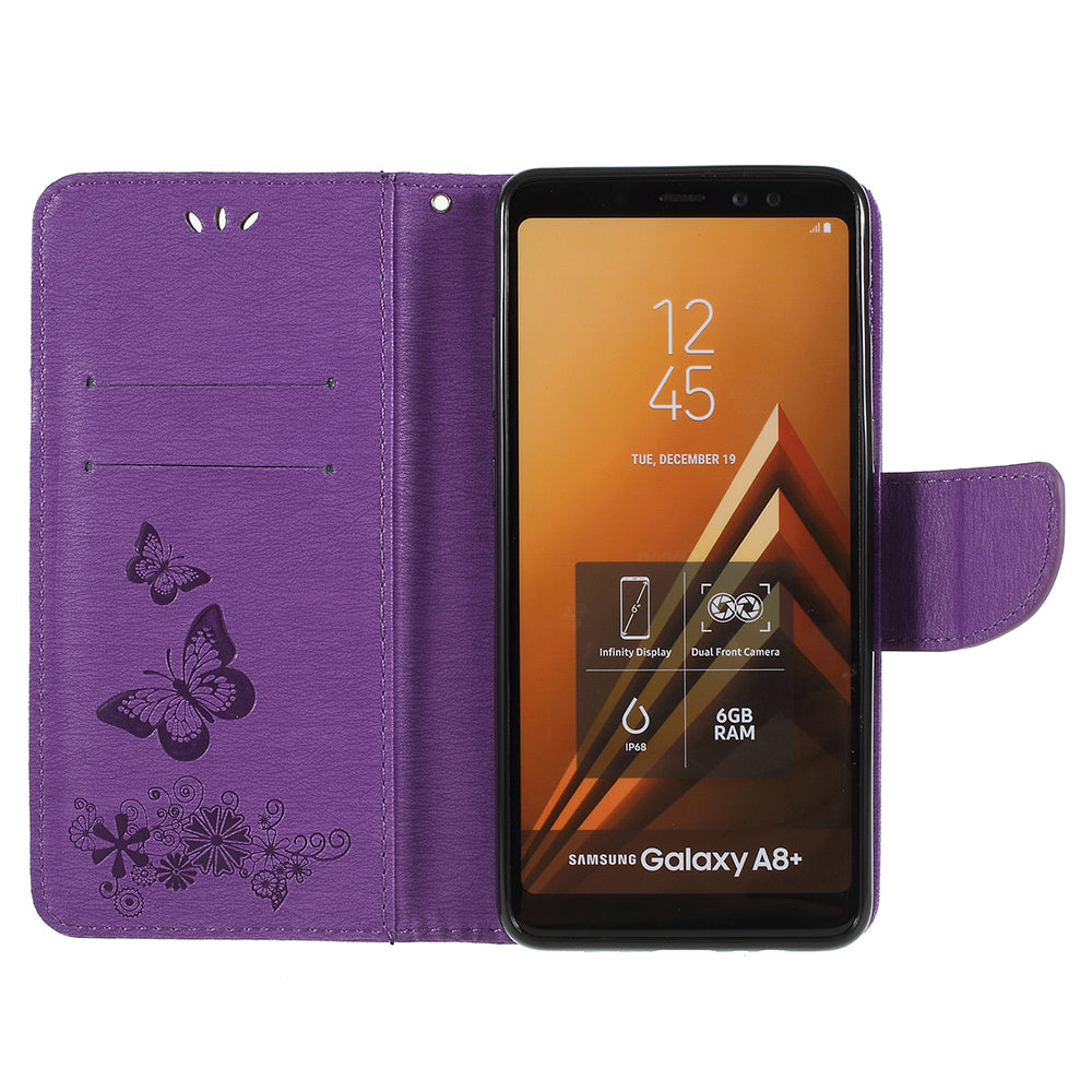 Imprinted Butterfly Flowers Wallet Stand Leather Case for Samsung Galaxy A8 (2018)