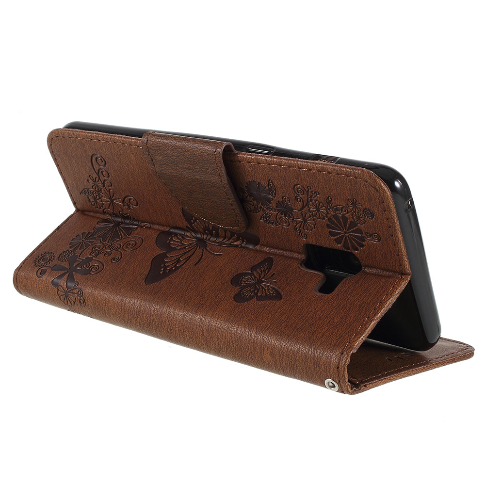 Imprinted Butterfly Flowers Wallet Stand Leather Case for Samsung Galaxy A8 (2018)